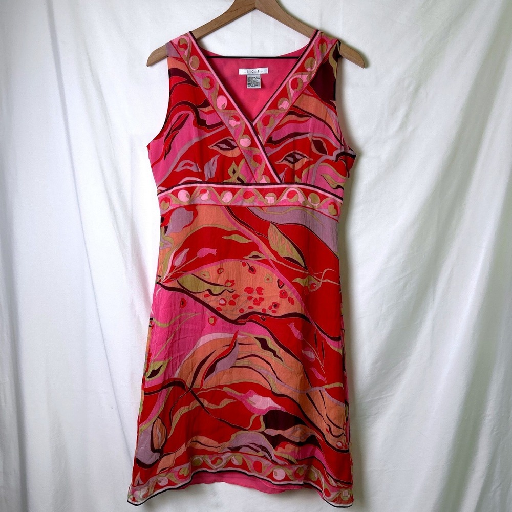I.C.E. Womens Silk Empire Waist Dress Size 8 Red Pink Multicolor Summer Party